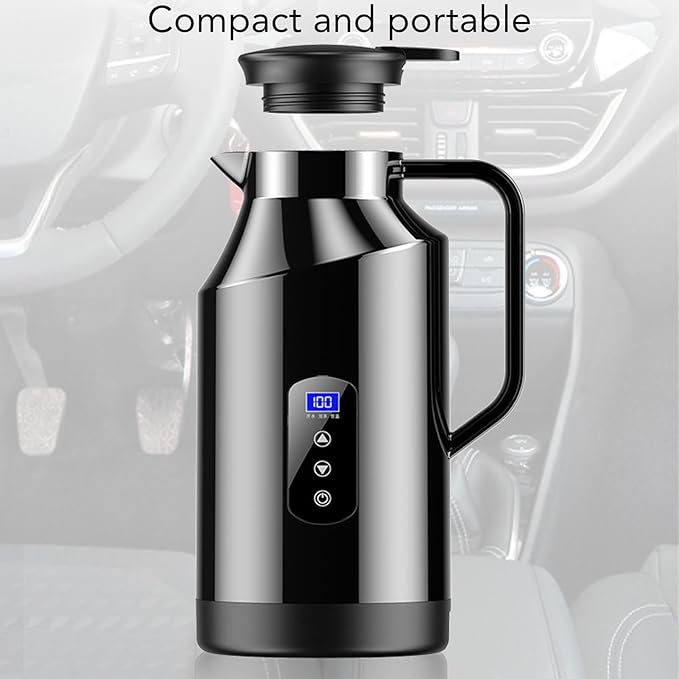 Haofy Portable Car Electric Kettle Hot Water Boiler 200W 1500ml 12V 24V Stainless Steel Display with Cigarette Lighter Plug for Travel