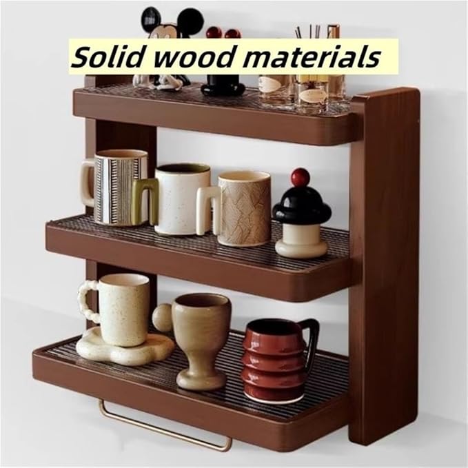 Wooden Trapezoid Mug Holder Stand Coffee Cup Display Shelf with Acrylic Panel and Copper Base Tea Mug Rack for Kitchen Room Decor