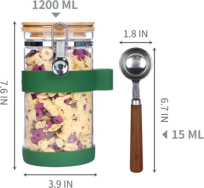 KKC Airtight Coffee Canister, Glass Coffee Bean Storage Contaienr with Silicon Scoop Holder, Non-Slip Silicon Coffee Storage Canister with Spoon for 1 lb Bean,40 Fluid-oz, Green