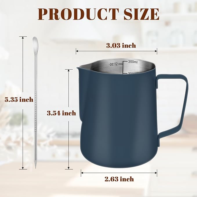 Milk Frothing Pitcher, 12 oz Milk Frother Cup with Clear Scale, 304 Stainless Steel Cappuccino Espresso Machine Accessories for Barista Coffee Bar with Latte Art Pen, Blue