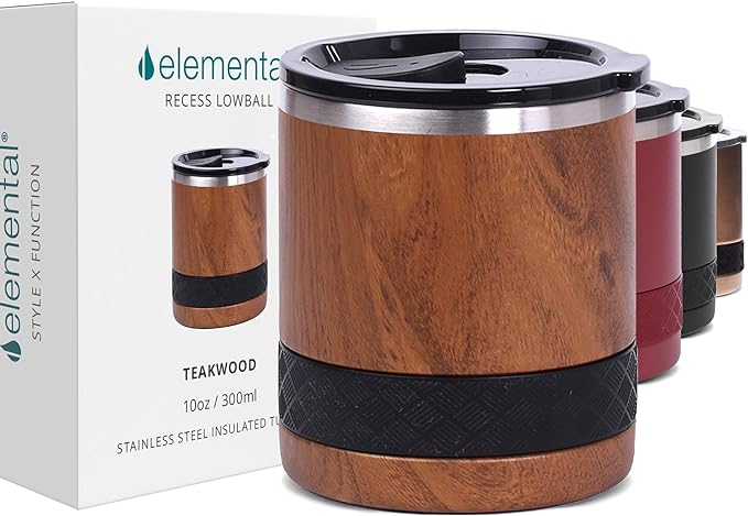 Elemental Recess Lowball Tumbler, 10oz Triple Wall Stainless Steel Cup with Non-Shattered Tritan Lid, Insulated Whiskey Glass, Insulated Coffee Tumbler Mug for Hot & Cold Drinks - Teak Wood