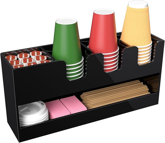 Coffee Condiment and Cup Organizer - 2-Tier Upright Cup and Lid Holder with Straw Organizer 5 Compartments Black Acrylic Cup Dispenser for Restaurant Breakroom Coffee Station Countertop