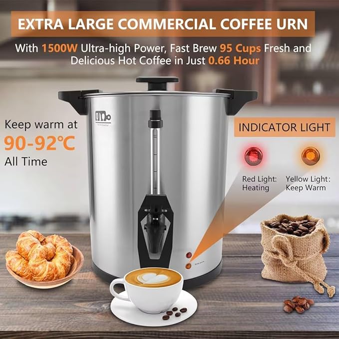 95 Cup 16L/4.23Gallon Commercial Coffee Urn, Festa Essential 1500W Large Percolate Coffee Maker, Hot Beverage dispenser With Double Dripless Faucet,Quick-Brewing Hot Water Urn for Catering,Home,Events