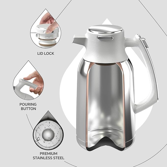 IDEUS Thermal Coffee Carafe 68oz (2,000ml), Stainless Steel Double Wall Insulated Vacuum Flask, Water Jug Coffee Server and Beverage Dispenser, Heat and Cold Retention (White-Silver, 68oz (2,000ml))