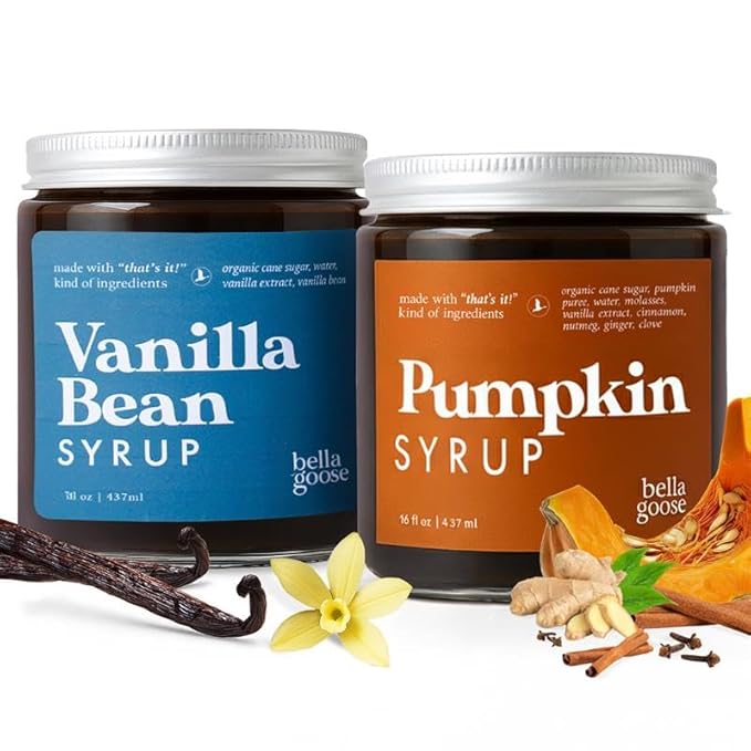 Bella Goose Coffee Syrup Bundle – Vanilla Bean & Pumpkin (16oz Each) – Homemade Pure Cane Sugar Syrups for Lattes, Mocha, Matcha, Desserts & Ice Cream – Clean Ingredients, No Artificial Flavors