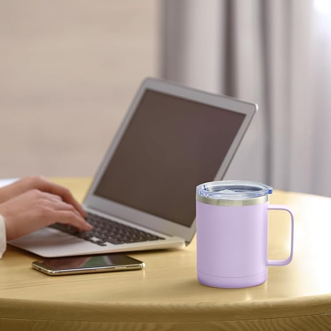 MEWAY 12oz Coffee Mug With Handle and Sliding Lid,Stainless Steel Travel Tumbler Cup with Handle,Double Wall Vacuum Insulated Camping Cup for Hot & Cold Drinks Tea (Lilac,Set of 1)