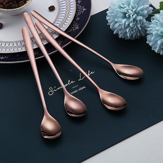Premium Rose Gold Set of 6 Stainless Steel Long Handle Stirrers and Spoons for Coffee, Ice Tea, Ice Cream, Cocktails