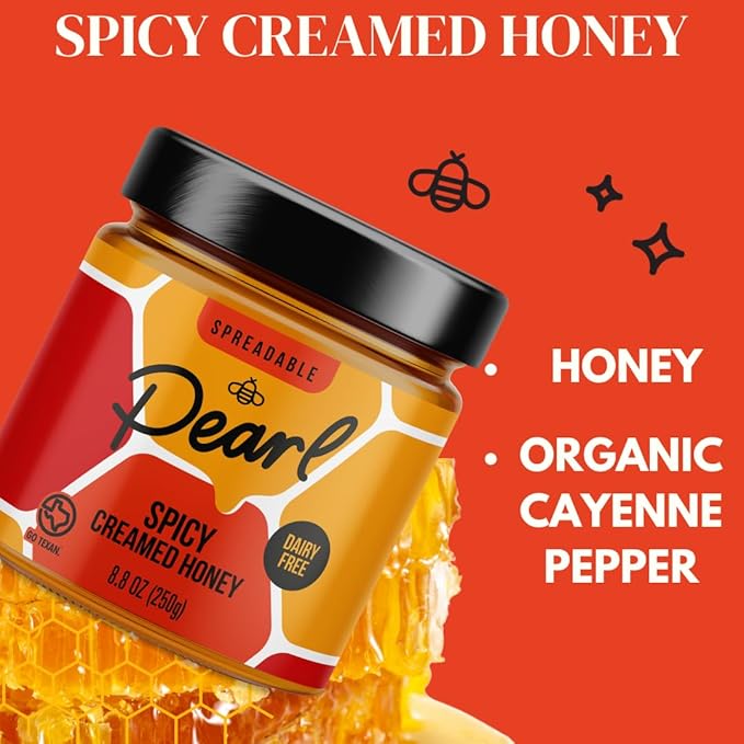 Pearl Honey Spreads - Organic Creamed Raw Honey Spicy Cayenne Flavor- Chemical Free, Dairy Free, Soy Free & 100% Natural Flavor | 8.8oz Jar