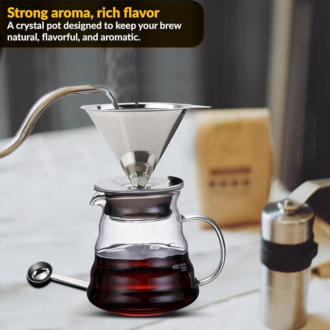 CASA BRAVA Glass Pour Over Coffee Maker Set – 28oz (850ml) Heat-Resistant Carafe with Stainless Steel Reusable Dripper, Bamboo Stand & Measuring Spoon – Plastic-Free Drip Coffee Brewer