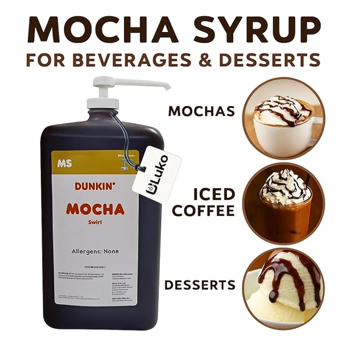 Dunkn Donnuts Mocha Syrup for Coffee, 64 oz Jug – Rich Chocolate Flavoring for Lattes, Iced Coffee, Frappes, Hot Drinks & More – Barista-Style, Commercial-Grade Syrup