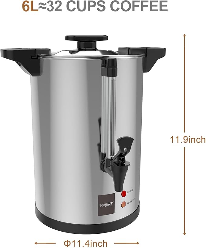 Valgus Commercial Coffee Urn 32-Cup 6L Stainless Steel Large Coffee Maker with Percolator Electric Hot Water Dispenser for Party, Office, Wedding