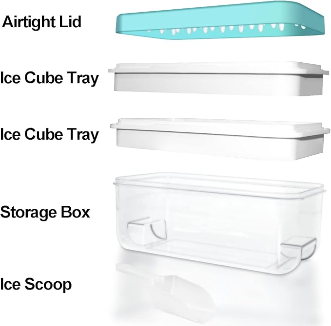 Ice Cube Trays for Freezer With Bin, Scoop, and Press Plate - 2 Tiers, Lid Included