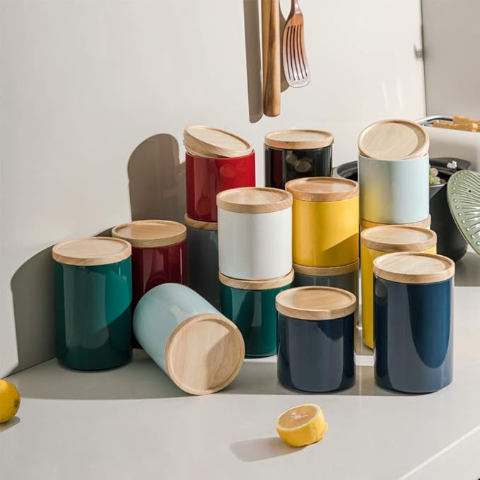 Sweejar Kitchen Canisters Ceramic Food Storage Jar, Stackable Containers with Airtight Seal Wooden Lid for Serving Ground Coffee, Tea, Sugar, Salt and More - 28 Fl Oz (Jade)