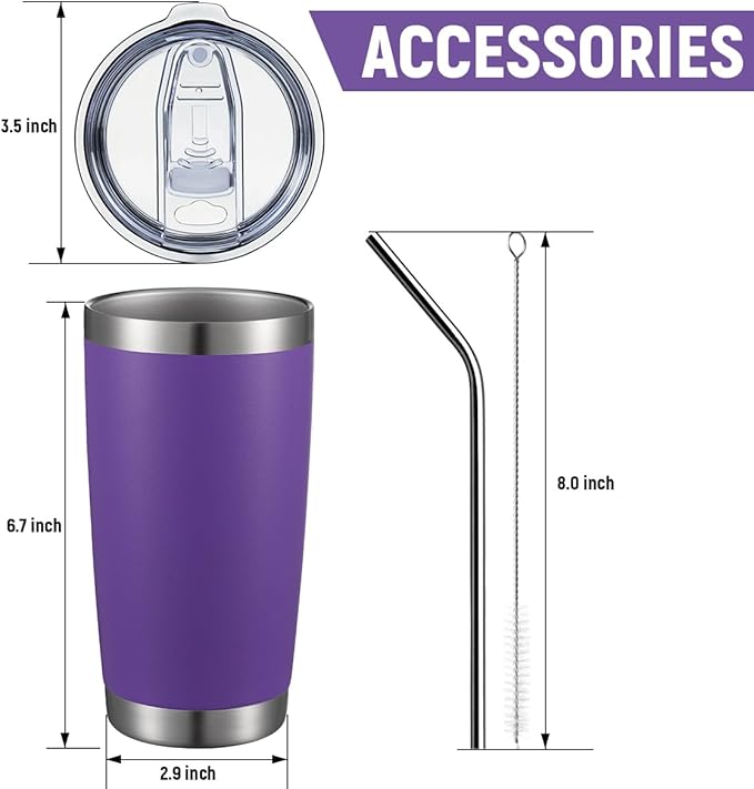 COMOOO 20oz 8 Pack Tumbler Double Wall Vacuum Insulated Coffee Travel Mug Stainless Steel Tumbler Bulk with Lid and Straw Durable Powder Coated Insulated Coffee Cup for Cold & Hot Drinks Purple 8 Pack