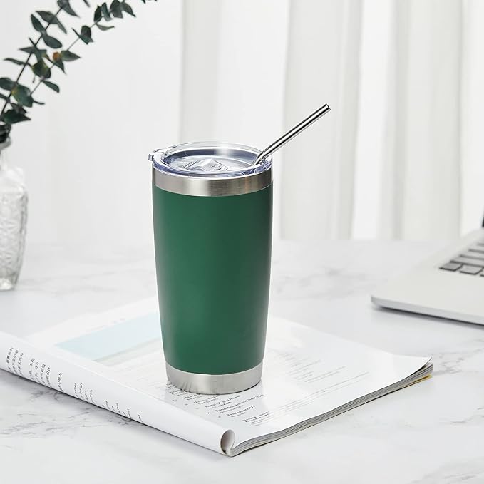 COMOOO 20oz Double Wall Vacuum Insulated Travel Mug, Stainless Steel Tumbler with Lid and Straw Durable Powder Coated Insulated Coffee Cup for Cold & Hot Drinks（Dark Green, 1 Pack）
