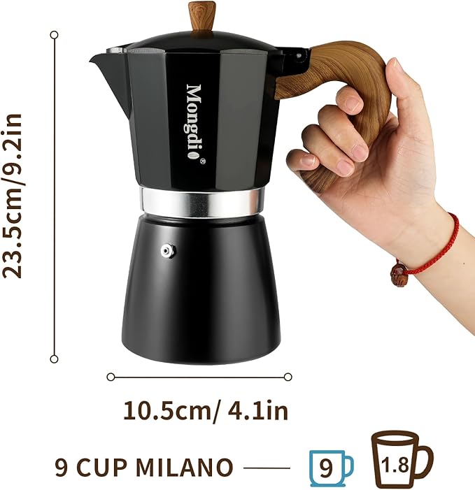 Mongdio Stovetop Espresso Maker Moka Pot, Cuban Coffee Maker Stove top coffee maker Moka Italian Espresso Greca Coffee Maker Brewer Percolator, 9 Espresso Cups, 15 oz - Black
