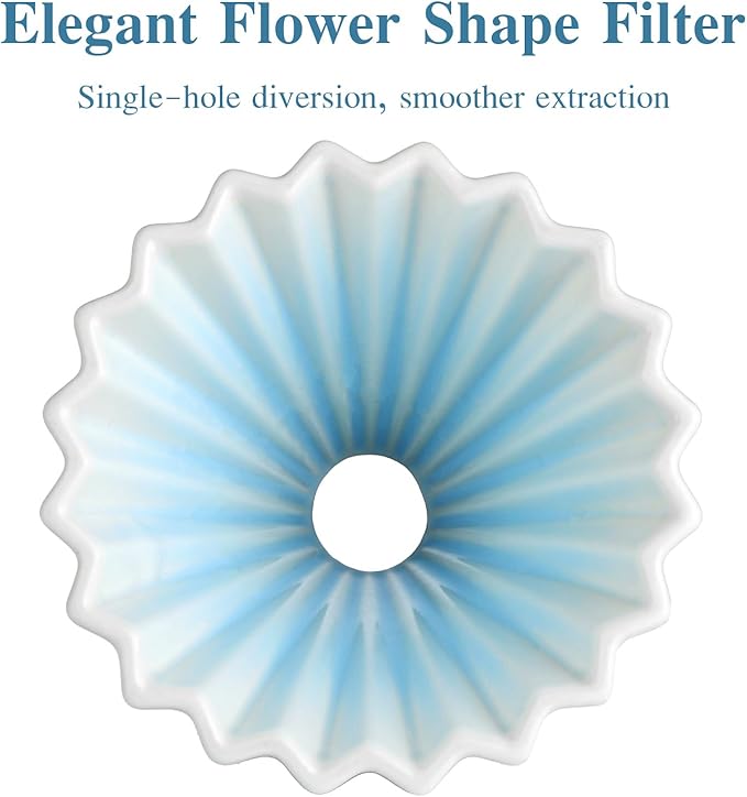 Bincoo Ceramic Coffee Dripper,Pour Over Coffee Dripper with Wood Stand, Flower-shape for 1-2 Cups Slow Brewing Maker for Home Cafe (Blue)