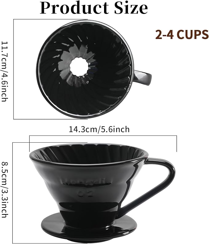 Mongdio V60 Ceramic Pour Over Coffee Dripper, Reusable Porcelain Portable Pour Over Coffee Maker, Slow Brewing Accessories with 1 Holes for Home - Size 02 Black