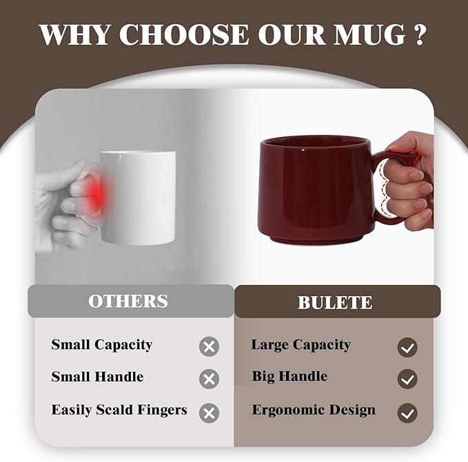 Coffee Mugs Gift Set of 4, Large 19 oz Stackable Ceramic Coffee Mug, Coffee Cups with Large Handle for Latte, Cappuccino, Milk, Tea, Dishwasher & Microwave Safe, Ideal Gift for Men, Women - Red