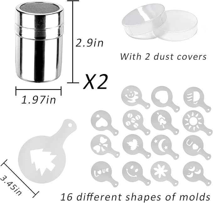 2 Pack Chocolate Shaker Powdered Sugar Shaker Duster 16 Coffee templates Set for Cream,Powdered Sugar,Cocoa,Cappuccino,for Kitchen,Drinks,Baking (18)