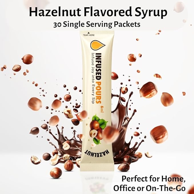 Single Serving Hazelnut Syrup Packets for Coffee and Cocktails - 6mL Each, 30 Count - Bag of Syrups by Infused Pours (6mL, Hazelnut)
