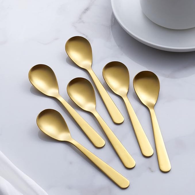 Matte Gold Demitasse Espresso Spoons, Stainless Steel Satin Finish Coffee Spoons, Mini Teaspoons, Sugar Spoons, 4.7-inch, Set of 6, 6-PIECE