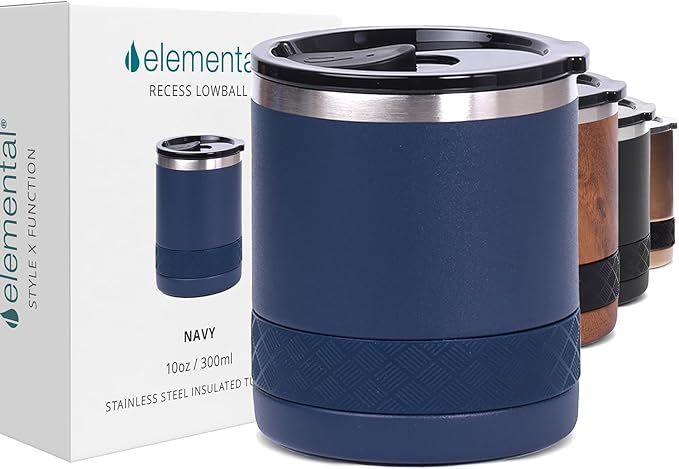 Elemental Recess Lowball Tumbler, 10oz Triple Wall Stainless Steel Cup with Non-Shattered Tritan Lid, Insulated Whiskey Glass, Insulated Coffee Tumbler Mug for Hot & Cold Drinks - Navy Blue