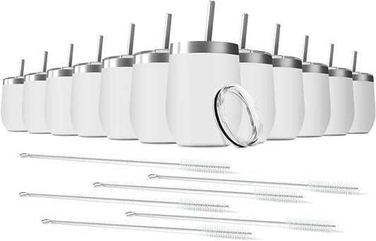 12oz Wine Tumbler with Lid With straw Stainless Steel Wine Tumbler Cups Double Wall Vacuum Insulated Travel Mugs Stemless Cup 12 Pack (White)