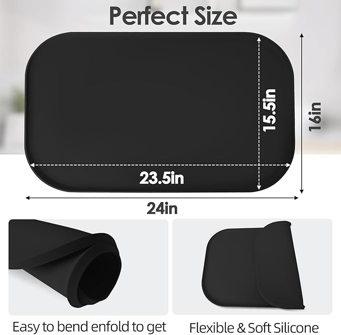 TOHONFOO Silicone Coffee Maker Mat with Lip, 24'' x 16'' Heavy Duty Coffee Maker Mat for Countertops, Coffee Tray Fit Under Coffee Machine Appliance Automatic Machines Espresso Accessory, Black