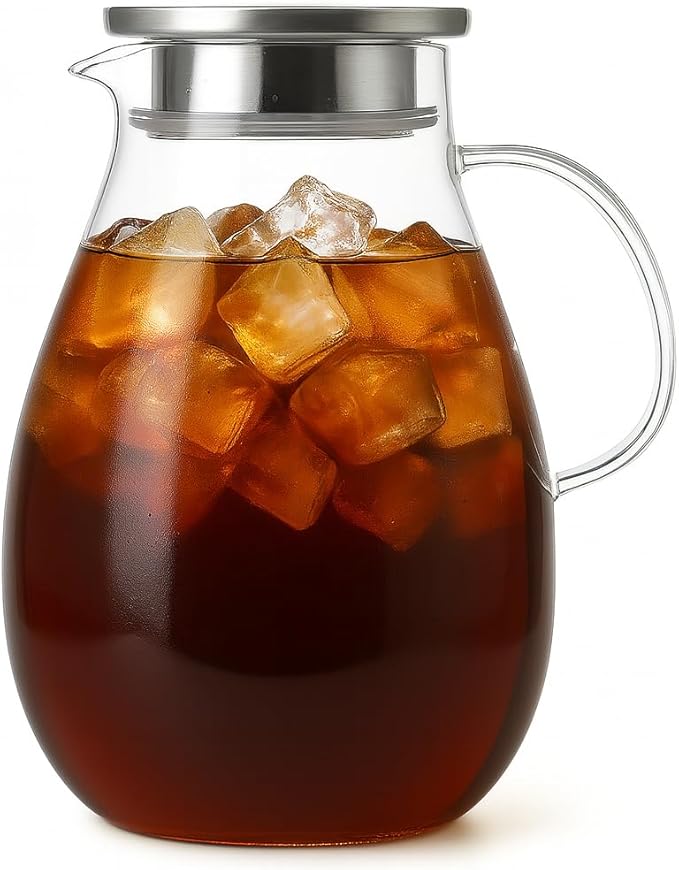 2L Large Glass Pitcher Water Jug with Lid – Hot and Cold Water Carafe for Tea Juice Fruit Infused Water, Perfect for Family Meals Parties
