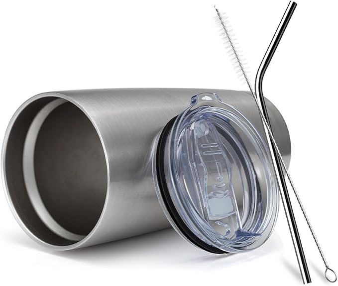 COMOOO 20oz Stainless Steel Tumbler Bulk Double Wall Vacuum Coffee Cup Insulated Travel Mug with Lid and Straw Durable Powder Coated Insulated Coffee Cup for Cold & Hot Drinks (silver, 8 pack