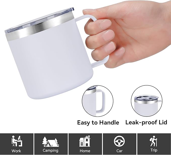 VEGOND 14 oz Insulated Coffee Mug Bulk with Handle, Stainless Steel Travel Coffee Mug with Lid, Double Wall Vacuum Metal Coffee Cup, Coffee Tumbler Powder Coated, White 8 Pack
