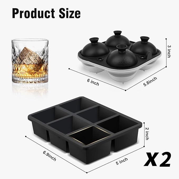Samuelworld Premium Ice Tray Combo (3 Pack), Large Ice Sphere Maker & New Upgraded Ice Cube Trays, Food Grade, Easy To Use, Spill-Free Integrated Funnels, Whiskey Bourbon Cocktails, Black