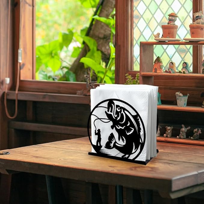 Fishing Decorative Black Metal Napkin Holder for Table, 5.3" x 4.9" x 1.9" Fisherman Fish Standing Napkin Holder for Home Kitchen Restaurant Picnic Party Coffee Bar Dining Room
