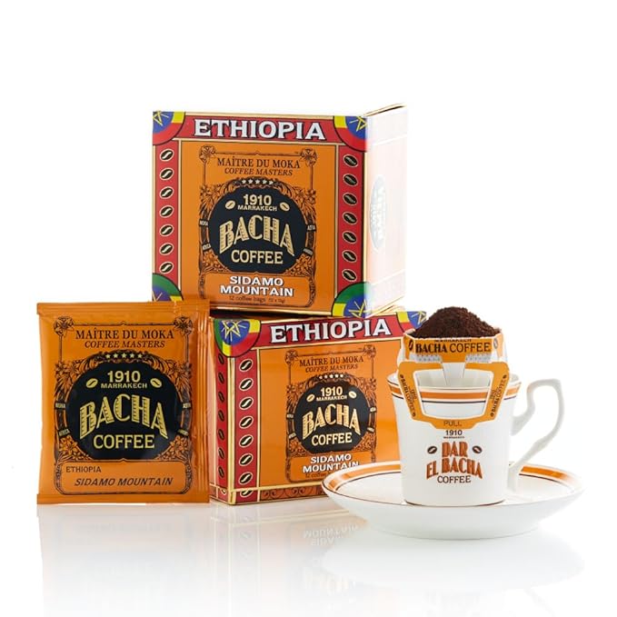 Bacha Coffee | Sidamo Mountain Ethiopia Single Origin, 100% Arabica Specialty Coffee Beans, Medium Dark Roast, x12 Individually Wrapped Single Serve Filter Bags