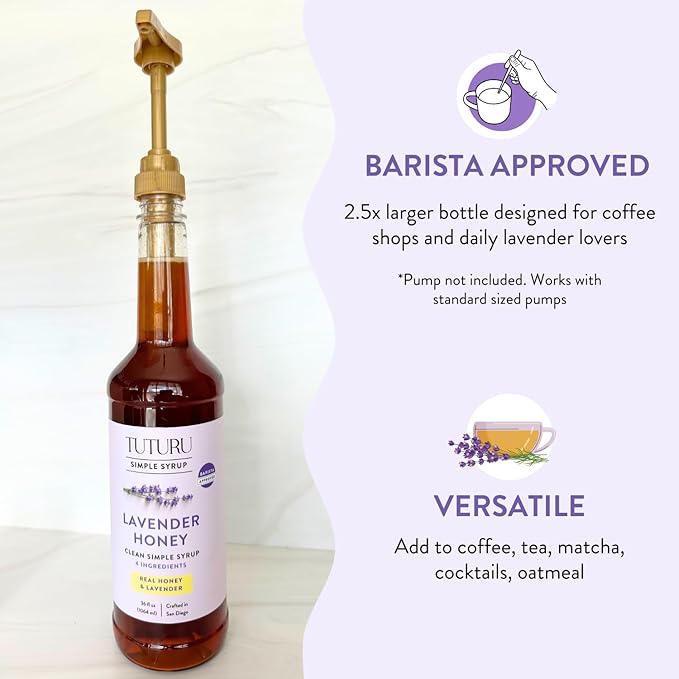 Lavender Honey Simple Syrup for Coffee, Cocktails, Tea, Matcha - Clean Simple Syrup with Real Lavender & Honey - 36 oz