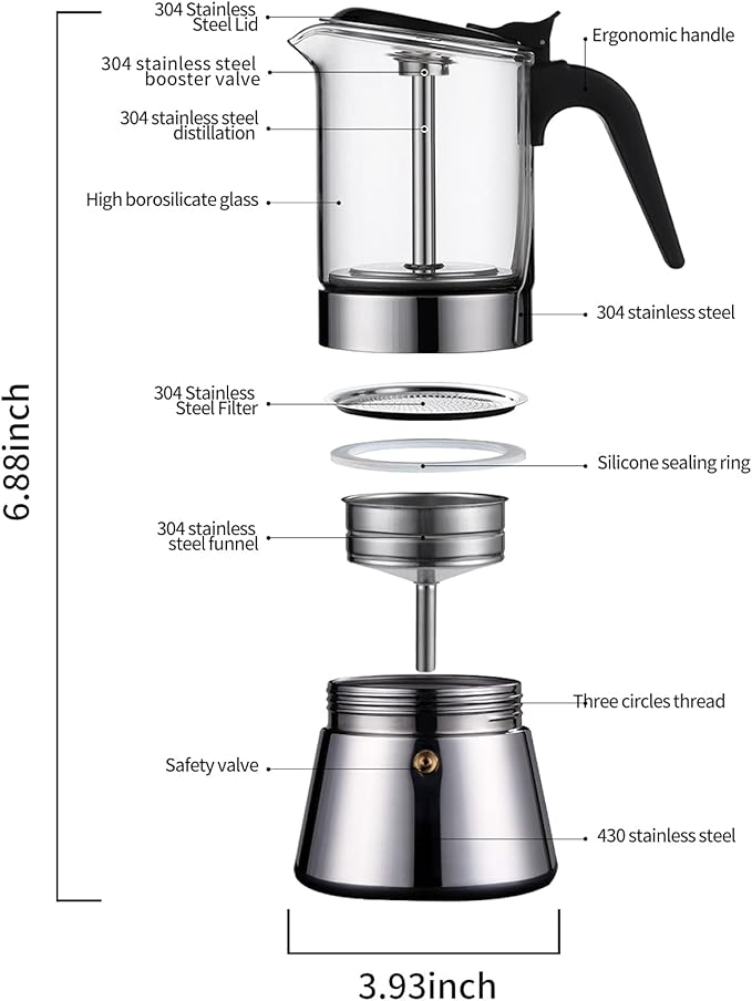 Moka Induction Stovetop Espresso Maker With Pressure valve,Crystal Glass-top & Stainless Steel Esprosso Moka Pot,240ml Classic Italian Coffee Maker