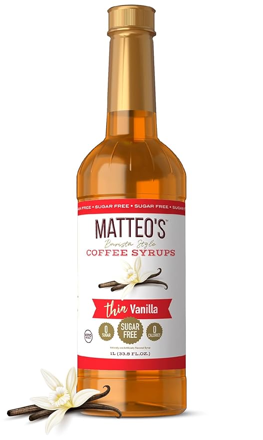 Matteo's Vanilla Syrup for Coffee, Lattes, Cappuccinos & Desserts – Sugar-Free Sweetener for Beverages, Keto Friendly, Zero Calories, Indulgent Flavor, Non-Alcoholic, Ideal for Hot Drinks 33.8oz (1pk)