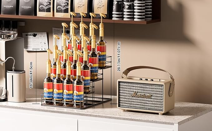 16 Bottle Capacity Coffee Syrup Organizer 4 Tier Coffee Syrup Stand Shelf for Coffee Bar Kitchen Small Wine Rack for Bar Family Storage for Syrup Wine Dressing