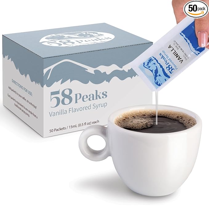 58Peaks Vanilla Flavored Syrup Sweetener Packets for Hot and Cold Drinks | To-Go Syrup Flavoring Perfect for Coffee, Tea, Milkshake and More | Flavored Coffee Syrups for Travel | 15mL | 50-Pack
