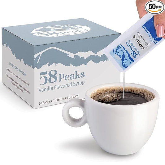 58Peaks Vanilla Flavored Syrup Sweetener Packets for Hot and Cold Drinks | To-Go Syrup Flavoring Perfect for Coffee, Tea, Milkshake and More | Flavored Coffee Syrups for Travel | 15mL | 50-Pack