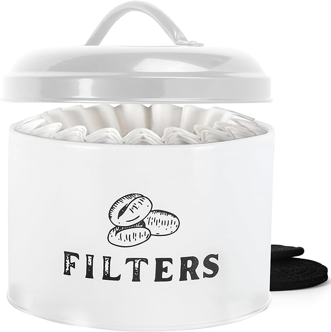 Coffee Filter Holder Vintage Coffee Filter Container with Lid Braided Cotton Drink Coasters for Counter, Home (White)