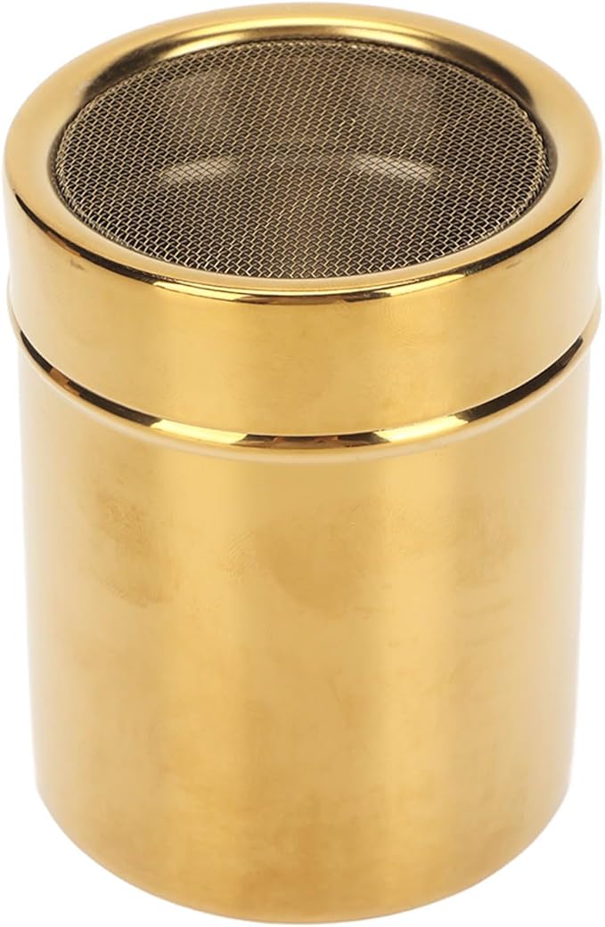 Stainless Steel Powder Shaker Powder Sugar Shaker,Gold Fine Mesh Powder Sugar Shaker Stainless Steel Sugar Shaker for Lid for Sifter Cocoa,Cinnamon Powder,Coffee Sugar Shakers