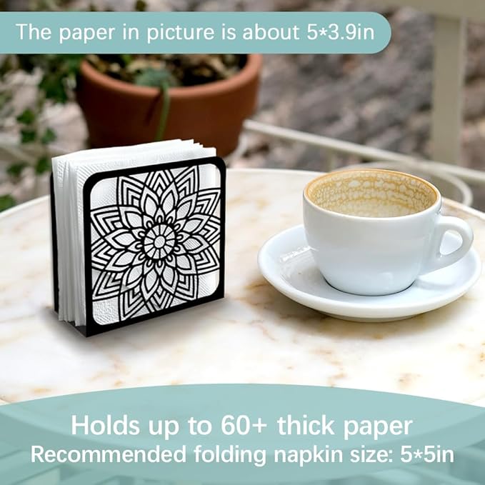 Mandala Sunflower Decorative Black Metal Napkin Holder for Table, 4.9" x 4.9" x 1.9" Sunflower Standing Napkin Holder for Home Kitchen Restaurant Picnic Party Coffee Bar Dining Room