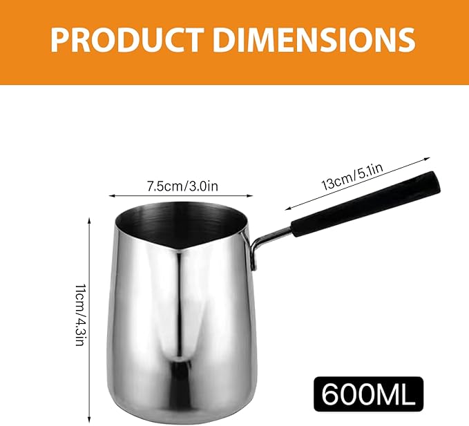 Turkish Coffee Pot 600ml Stainless Steel Milk Warmer Pot with Spout and Handle for Chocolate Coffee Milk Oil