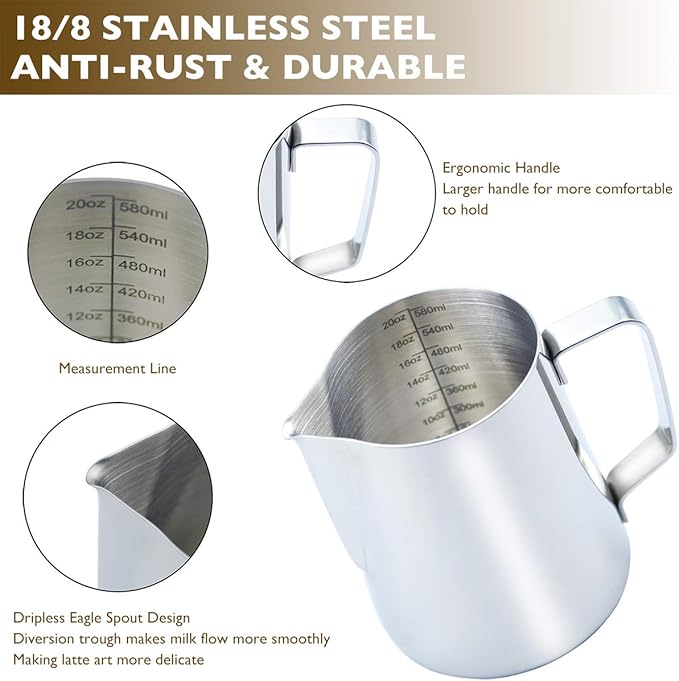 CAMKYDE Milk Frothing Pitcher 20 oz, Stainless Steel Espresso Steaming Pitcher with Decorating Pen for Coffee, Espresso Machines, Cappuccino, Latte Art (Silver)