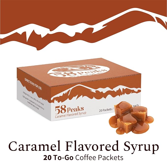58Peaks Caramel Flavored Syrup Sweetener Packets for Hot and Cold Drinks | To-Go Syrup Flavoring Perfect for Coffee, Tea, Milkshake and More | Flavored Coffee Syrups for Travel | 15mL | 20-Pack