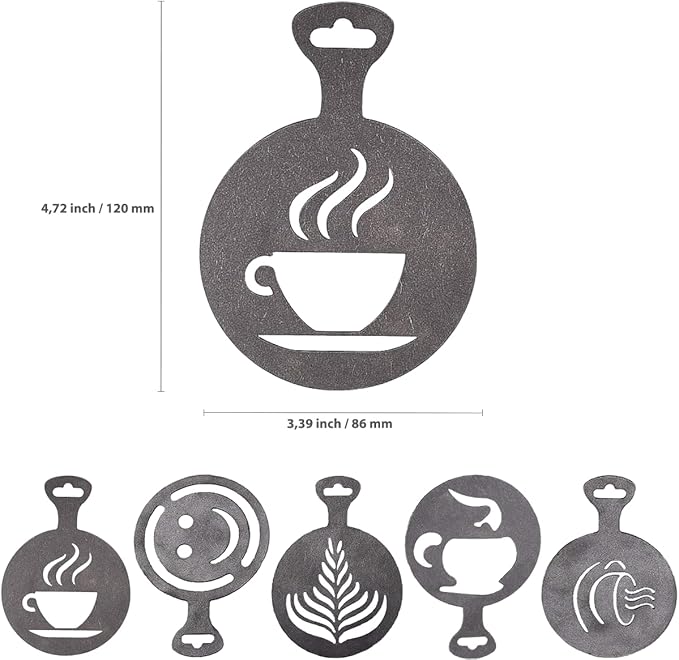 5Pcs Stainless Steel Reusable Metal Coffee Stencils for Latte Art Coffee Decorating Kit - Cookie Stencils for Royal Icing - Metal Baking Stencil Christmas- Cake Decorating Kit