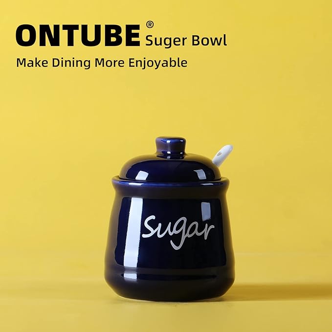 ONTUBE Ceramic Sugar Bowl with Lid and Spoon 12oz (Navy)
