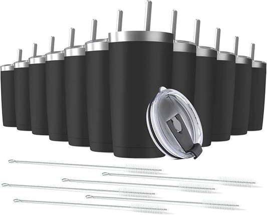 12 pack 20 oz Stainless Steel Insulated Tumbler with Straw and Lid, Double Wall Travel Coffee Mug Vacuum Insulated Bulk Tumbler, Suitable for Vehicle Cup Holders （Black）